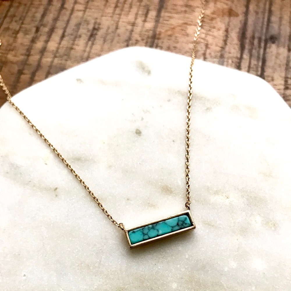 Turquoise & Gold Marble Bar Gem Pendant Necklace - Picture 2 of 3